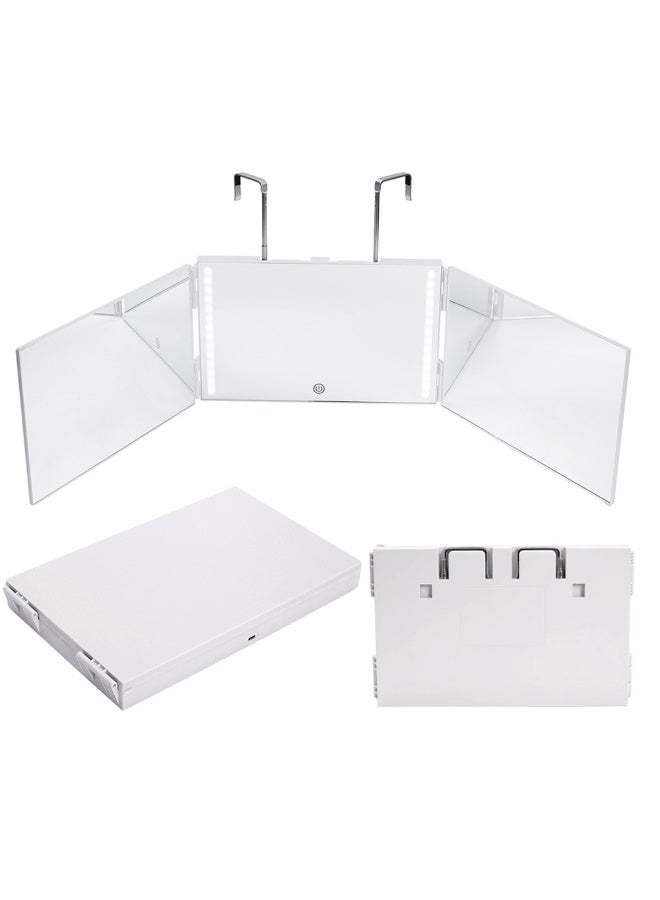 3 Way Mirror, Height Adjustable Hooks, USB Rechargeable, Trifold Makeup Mirror with Led Lights, 180 Viewing Barber Mirror, Can See Back of Head, for Self Hair Cutting Trim, or Shaving at Home (White) - Image 1