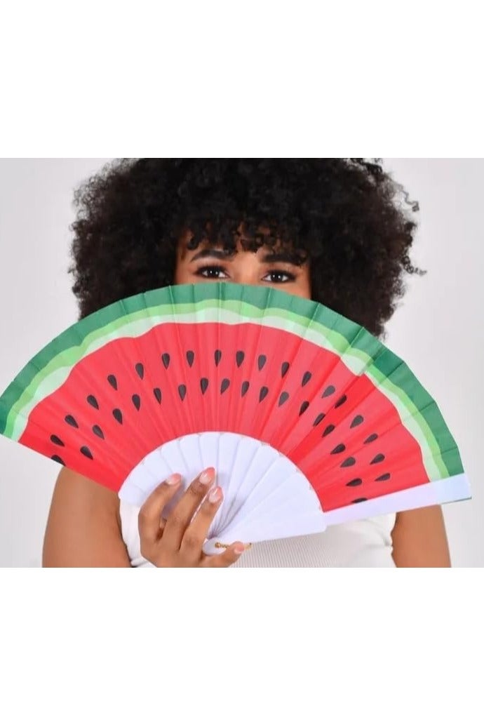 Shein 1pc Watermelon Folding Fan - Large Handheld Decorative And Practical, Bright Red And Green Stripes And Black Seed Patterns - Durable Plastic Material, Suitable For Festivals, Parties, Performances, Summer Gifts, Home Decoration - Image 2