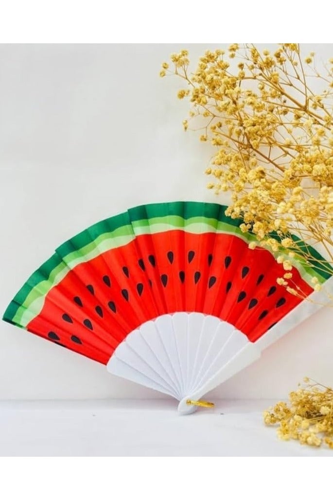 Shein 1pc Watermelon Folding Fan - Large Handheld Decorative And Practical, Bright Red And Green Stripes And Black Seed Patterns - Durable Plastic Material, Suitable For Festivals, Parties, Performances, Summer Gifts, Home Decoration - Image 1