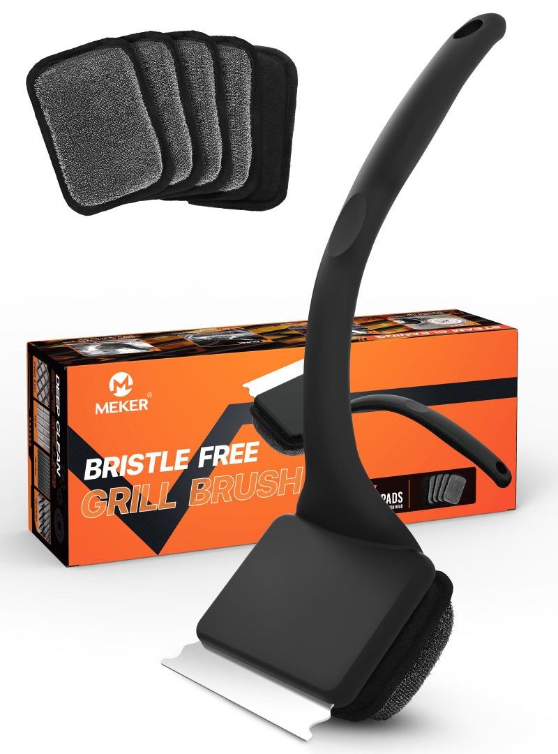 MEKER Grill Brush Bristle Free, Grill Cleaner Brush with 5 BBQ Replacement Head for Cast Iron, Stainless Steel Grates, Safe Grill Scraper Outdoor BBQ Grill, Black - Image 1