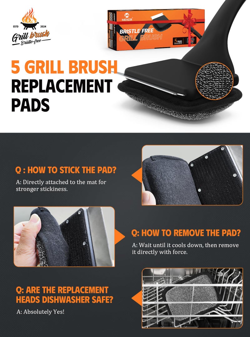 MEKER Grill Brush Bristle Free, Grill Cleaner Brush with 5 BBQ Replacement Head for Cast Iron, Stainless Steel Grates, Safe Grill Scraper Outdoor BBQ Grill, Black - Image 4