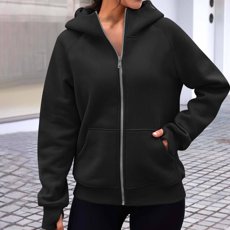 2023 autumn and winter yoga clothes Amazon European and American cross-border new womens clothing fashion hooded zipper fleece-lined sports sweater Black 