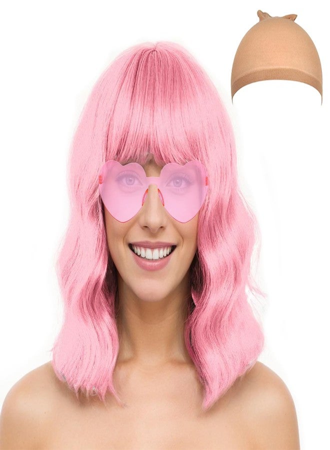 LIULIUBTY Chic Short Bob Wavy Wig for Women - Shoulder Length Loose Curly Synthetic Wig with Bangs - Uniquely Vivid Colored Cosplay Wig, Suitable for Costume Partie (Pink) - Image 1