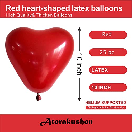 atorakushon Latex Heart shaped Red Color Super Quality Rubber Balloons 10" Christmas Xmas Balloons Best For Theme Party Decoration Valentine Birthday Wedding Anniversary Office Party Pack of 25 - Image 2