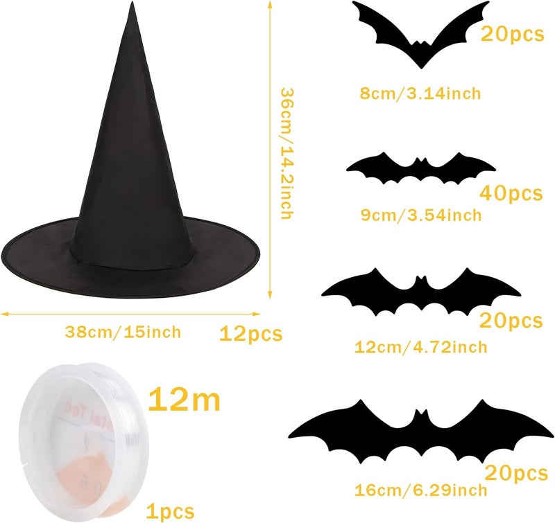 CCINEE Transparent body 12 Pcs Halloween Decoration Witch Hats, Bulk Hanging Witch Costume Caps Accessories with 120 Pcs Bat Wall Stickers for Halloween Themed Party Yard Decoration Light & heavy use compatible - Image 2