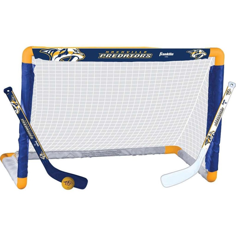 Franklin Sports Nashville Predators Mini Hockey Set Knee Hockey Goal Ball 2 Hockey Stick Combo Set Mini Goal Net NHL Official Hockey Set