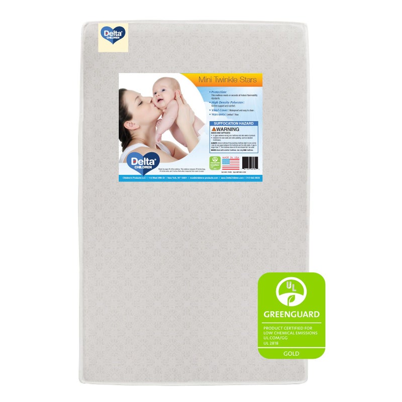 Delta CHILDREN Delta Children Twinkle Stars 3Inch MiniPortable Crib Mattress Premium Sustainably Sourced Fiber Core Waterproof GREENGUARD Gold Certified NonToxic Trusted 10 Year Warranty Made in USA
