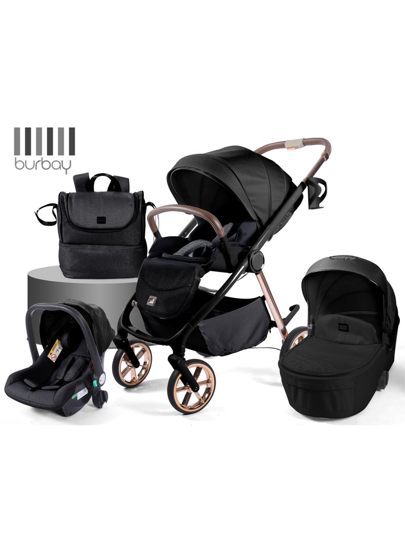 بورباي بيرباي نظام سفر شامل 5-في-1 للمولود الجديد – عربة سيارة، مقعد سيارة، سرير محمول وشنطة أم مع عجلات قابلة للطي - Image 2