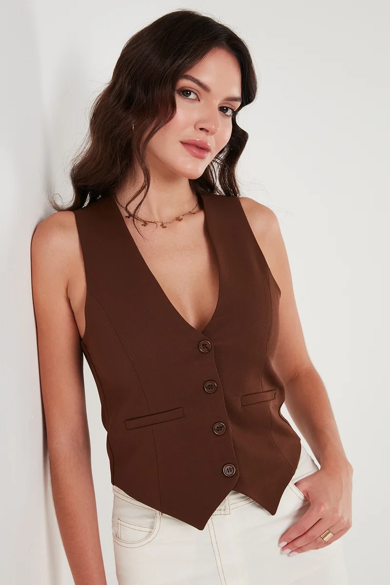 Lela Fitted Fit Buttoned V Neck Buttoned Vest Women's Vest 6696796