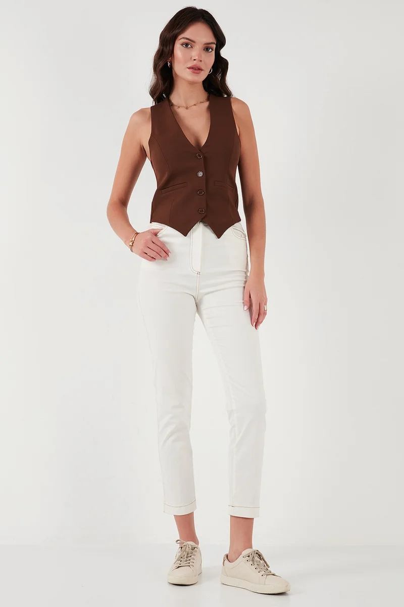 Lela Fitted Fit Buttoned V Neck Buttoned Vest Women's Vest 6696796