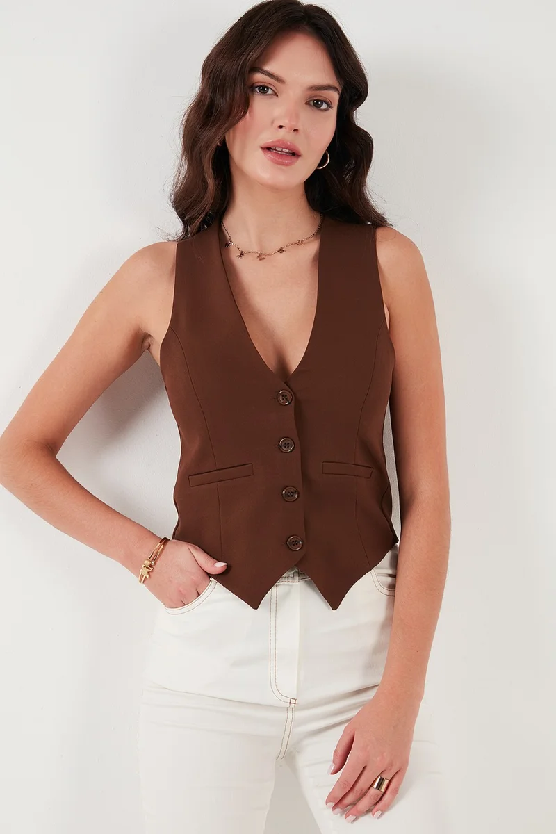 Lela Fitted Fit Buttoned V Neck Buttoned Vest Women's Vest 6696796