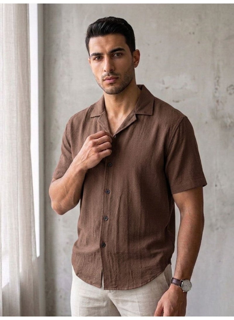 Hikes Men’s Premium Camp Collar Shirt – Cotton Flax Blend, Slim Fit, Breathable Casual Wear - Image 1