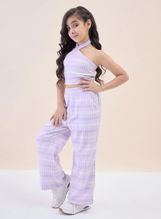Stylo Bug StyloBug Girls Checks All over Print Halter Neck Sleeveless Ankle Length Casual Wear Top With Pants Lavender