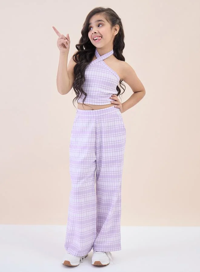 Stylo Bug StyloBug Girls Checks All over Print Halter Neck Sleeveless Ankle Length Casual Wear Top With Pants Lavender