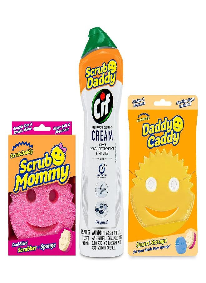 Scrub Daddy - Scrub Daddy Scrub Mommy + Cif All Purpose Cleaning Cream, Original + Daddy Caddy - Multi Surface Household Cleaning Cream, Scrub Daddy Scratch-Free Multipurpose Dish Sponge + Kitchen Sponges Caddy - Image 1