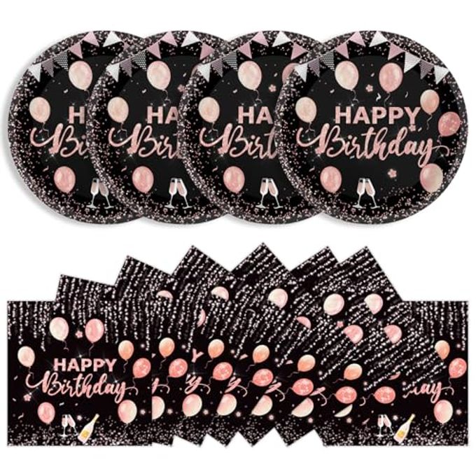 KFJBPB 40 Pcs Happy Birthday Plates and Napkins Party Supplies, Rose Gold Paper Plates Napkins Disposable Tableware Set for Women Girls Birthday Party Decorations
