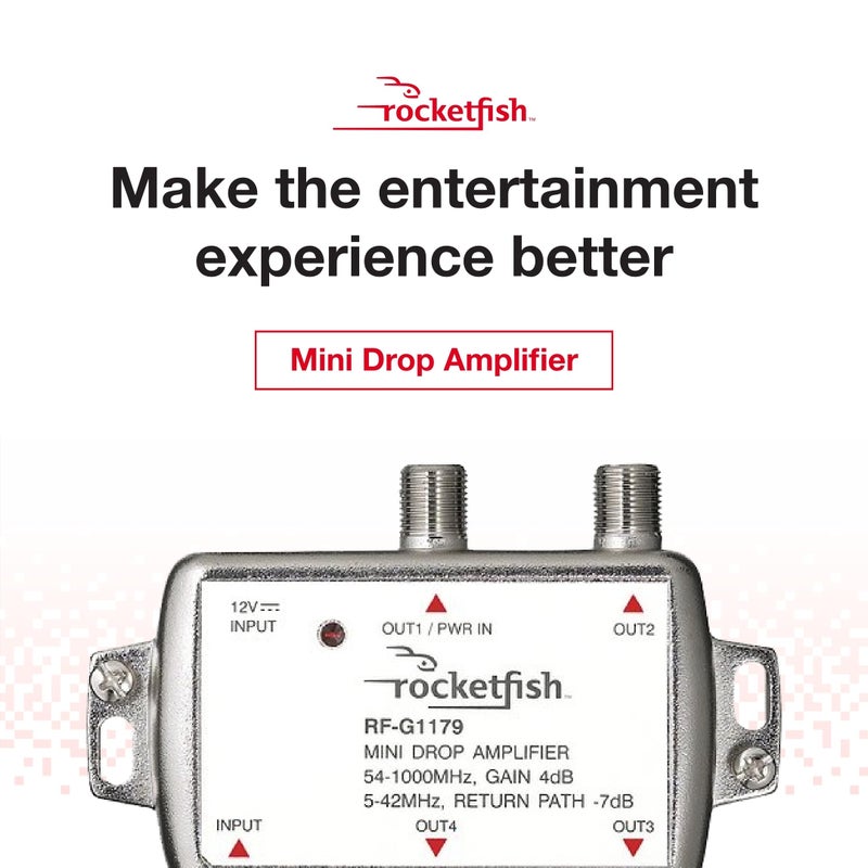 Rocketfish مضخم الإشارة روكيتفيش 4 مخرج - مضخم اتصال كوكسيل لتلفزيون الكابل والمودم - مضخم هوائي مع مؤشر تشغيل LED ونطاق تردد ثنائي الاتجاه - المضخم يمنع فقدان الإشارة - Image 2