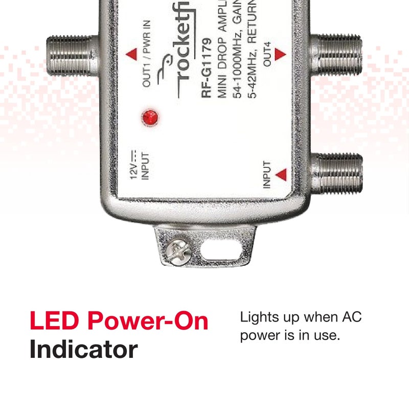 Rocketfish مضخم الإشارة روكيتفيش 4 مخرج - مضخم اتصال كوكسيل لتلفزيون الكابل والمودم - مضخم هوائي مع مؤشر تشغيل LED ونطاق تردد ثنائي الاتجاه - المضخم يمنع فقدان الإشارة - Image 5