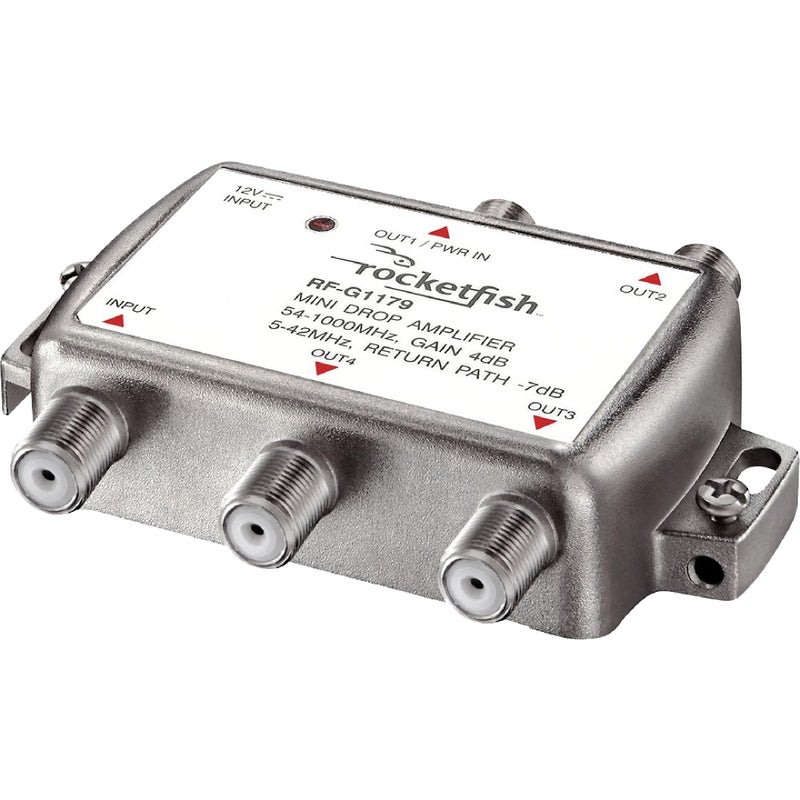 Rocketfish مضخم الإشارة روكيتفيش 4 مخرج - مضخم اتصال كوكسيل لتلفزيون الكابل والمودم - مضخم هوائي مع مؤشر تشغيل LED ونطاق تردد ثنائي الاتجاه - المضخم يمنع فقدان الإشارة - Image 1