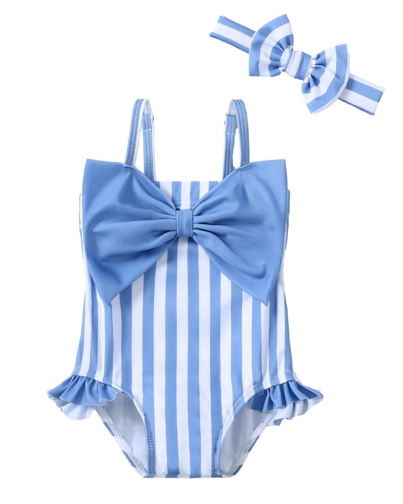 Mioglrie Baby Girl Swimsuit Infant Bathing Suits Newborn 0-3 Month for Girls Summer Beach Swim Suit Blue Ruffle Stripe One Piece Swimwear - Image 1