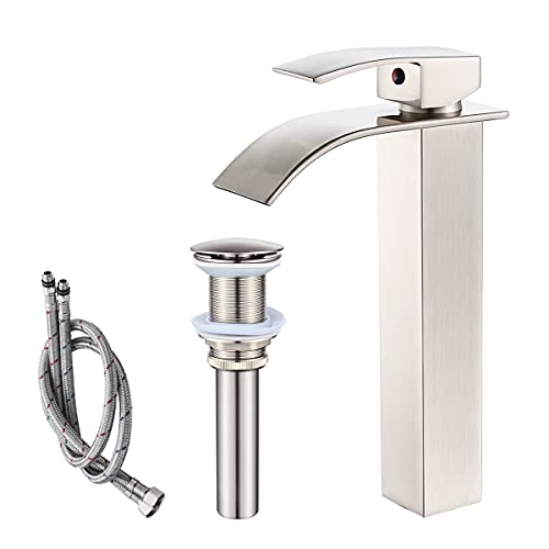 VOTON Vessel Sink Faucet Brushed Nickel Modern Tall Waterfall Bathroom Sink Faucet with Pop-Up Drain Single Handle Bathroom Faucet 1 Hole Bowl Lavatory Vanity Faucet, Rv Sink Camper Farmhouse Faucet - Image 1