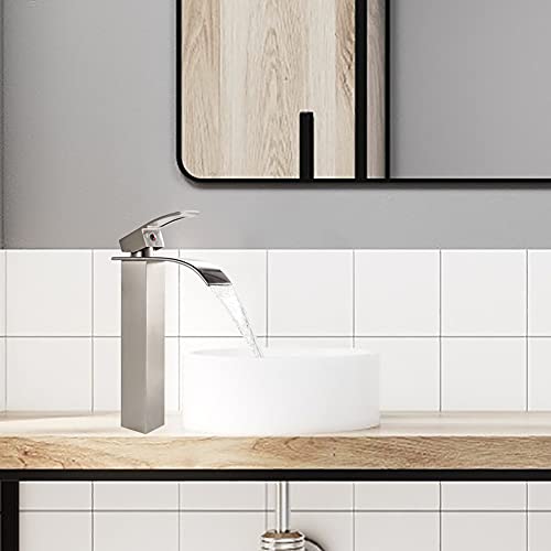 VOTON Vessel Sink Faucet Brushed Nickel Modern Tall Waterfall Bathroom Sink Faucet with Pop-Up Drain Single Handle Bathroom Faucet 1 Hole Bowl Lavatory Vanity Faucet, Rv Sink Camper Farmhouse Faucet - Image 2