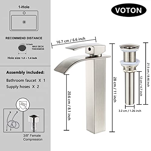 VOTON Vessel Sink Faucet Brushed Nickel Modern Tall Waterfall Bathroom Sink Faucet with Pop-Up Drain Single Handle Bathroom Faucet 1 Hole Bowl Lavatory Vanity Faucet, Rv Sink Camper Farmhouse Faucet - Image 4