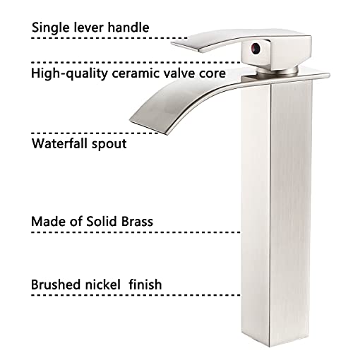 VOTON Vessel Sink Faucet Brushed Nickel Modern Tall Waterfall Bathroom Sink Faucet with Pop-Up Drain Single Handle Bathroom Faucet 1 Hole Bowl Lavatory Vanity Faucet, Rv Sink Camper Farmhouse Faucet - Image 3