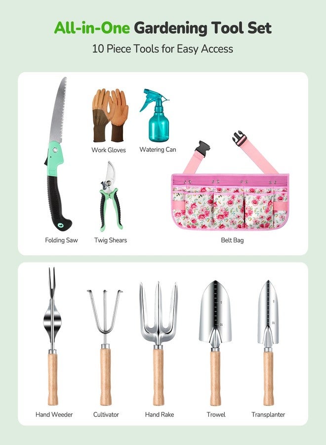Grenebo All-in-One Garden Tool Set with Tools Organizer Belt Adjustable, 10-Piece Heavy Duty Gardening Hand Tools, Long Lasting Rust-Proof Premium Garden Tool Kit, Gardening Gift for Women Men (Pink) - Image 2
