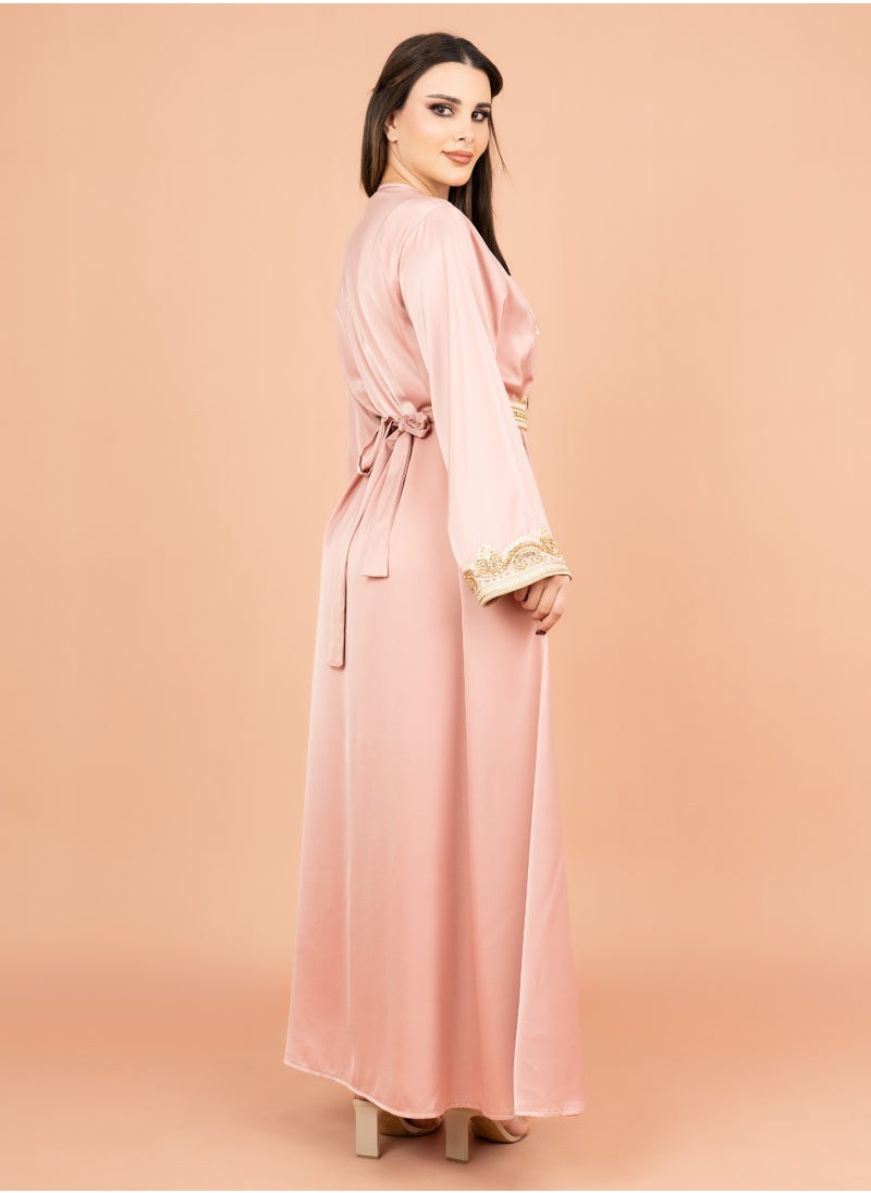 IKKXA Belted Elegant 2-Piece Kaftan IK2009 Peach  - Image 3