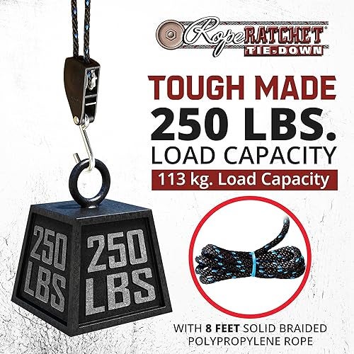 Rope Ratchet 3/8" Block and Tackle Pulley System, Adjustable Hoist for Lifting Gear, Outdoor Utility Rig for Elevating, Tensioning, Securing Equipment, 8' Braided Polypropylene Rope, 250 lb Capacity - Image 2