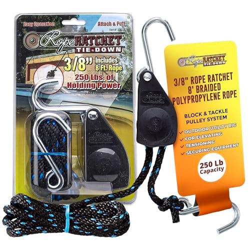 Rope Ratchet 3/8" Block and Tackle Pulley System, Adjustable Hoist for Lifting Gear, Outdoor Utility Rig for Elevating, Tensioning, Securing Equipment, 8' Braided Polypropylene Rope, 250 lb Capacity - Image 1