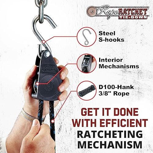 Rope Ratchet 3/8" Block and Tackle Pulley System, Adjustable Hoist for Lifting Gear, Outdoor Utility Rig for Elevating, Tensioning, Securing Equipment, 8' Braided Polypropylene Rope, 250 lb Capacity - Image 5