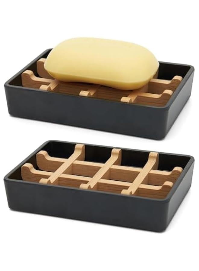 HOOKOR 2 Pack Bamboo Soap Dishes for Shower Wooden Soap Bar Holder for Bathroom Soap Tray Easy to Clean, Durable and with Non-Slip Pads (Black) - Image 1
