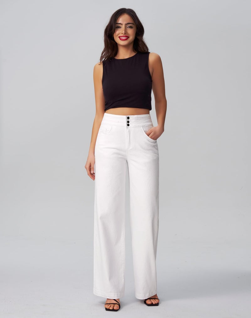 roswear Women's Wide Leg Jeans Casual High Waisted Stretch Baggy Loose Denim Pants White Large - Image 3