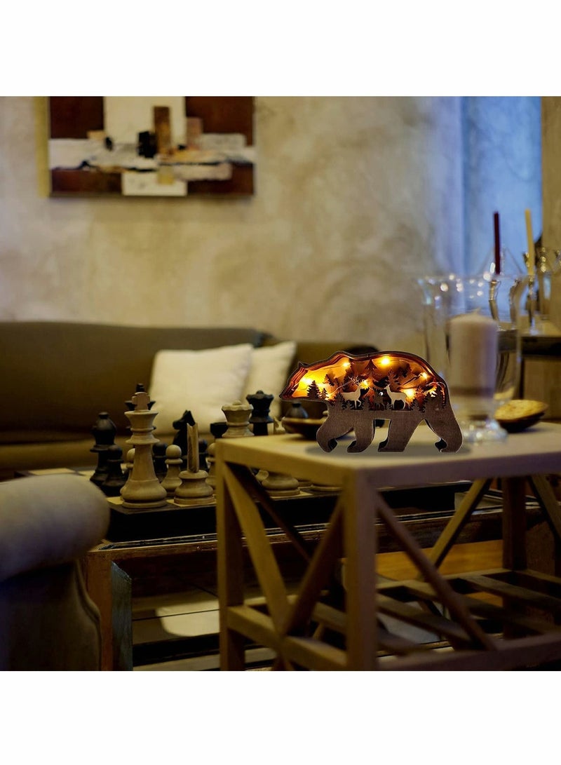 KASTWAVE زخرفة مكتبية مع ضوء، دب بني خشبي، تزيين طاولة حيوانات الغابة، زخارف خشبية منزلية، حرف إبداعية، زخرفة فنية ثلاثية الأبعاد من الخشب مع إضاءة، زخارف رفوف LED DIY - Image 4