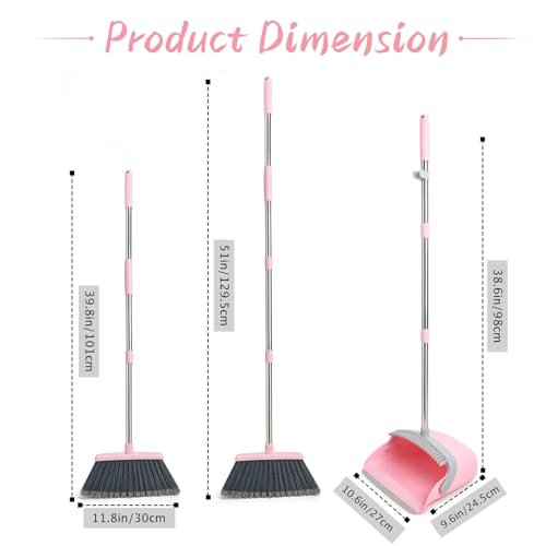 OOOFLOWER Broom and Dustpan Combo Set Long Handle and Standing Dust Pan with Comb Teeth Efficient Floor Cleaning for Kitchen Outdoor Dorm Apartment Office Lobby Pink Gray - Image 5