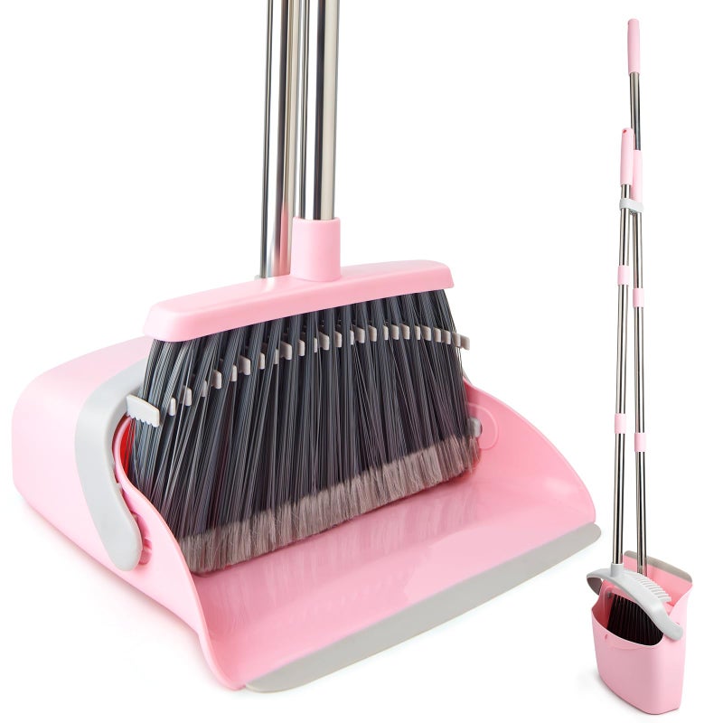 OOOFLOWER Broom and Dustpan Combo Set Long Handle and Standing Dust Pan with Comb Teeth Efficient Floor Cleaning for Kitchen Outdoor Dorm Apartment Office Lobby Pink Gray - Image 3