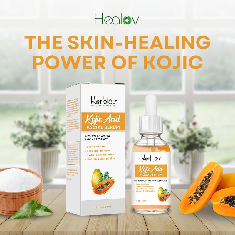 Herblov Kojic Acid Serum â€“ Dark Spot Remover for Face & Body â€“ Skin Brightening for Spots, Hyperpigmentation, Discoloration â€“ Facial Oil Reduces Acne, Scars, & Evens Tone â€“ Dark Spot Correcting Glow Serum - Image 2