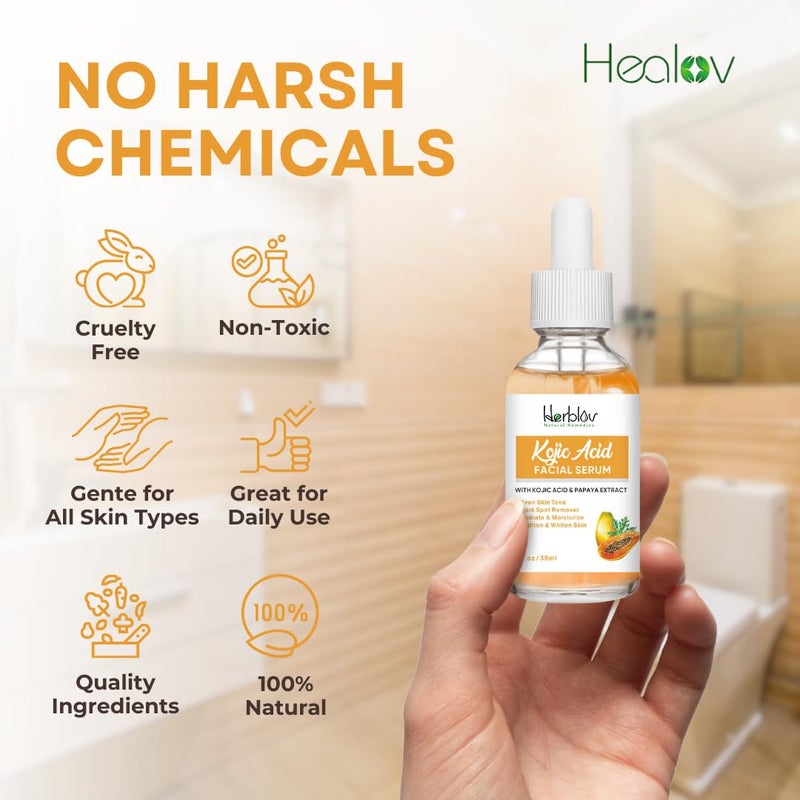 Herblov Kojic Acid Serum â€“ Dark Spot Remover for Face & Body â€“ Skin Brightening for Spots, Hyperpigmentation, Discoloration â€“ Facial Oil Reduces Acne, Scars, & Evens Tone â€“ Dark Spot Correcting Glow Serum - Image 5