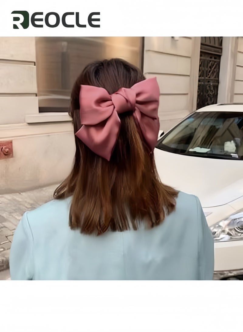 REOCLE Girls Hair Bows Clips Pleated Shiny Fabric Knotted Large Bowknot French Barrettes Big Hair Bow Hair Clips Handmade Hair Accessories Pink - Image 2