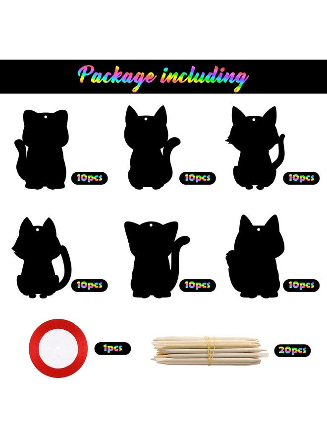 CY2SIDE 60PCS Cat Animal Scratch Bookmarks for Kids, DIY Cat Rainbow Color Paper Cards Craft Kit Birthday Decorations, Catling Pet Magic Art Project Party Favors for School Classroom Activities - Image 2
