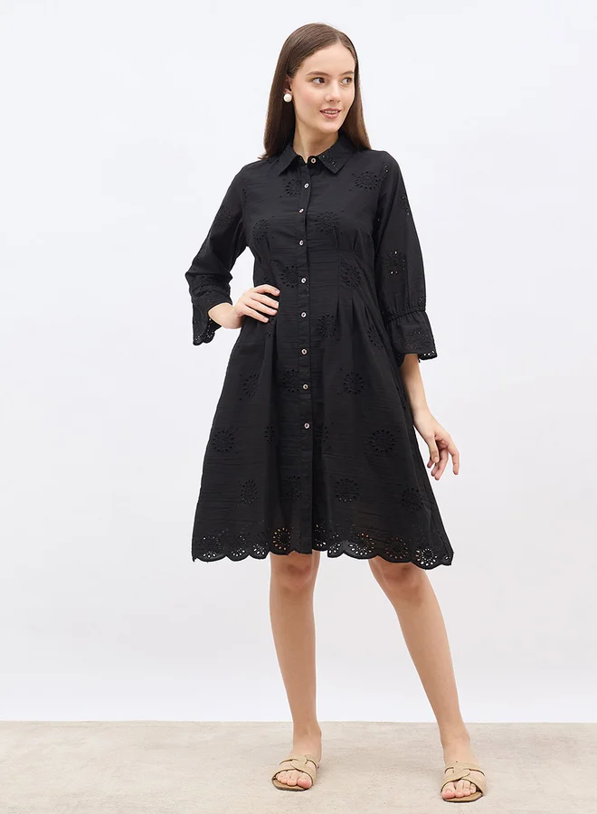 ستايلي Styli Women Black Schiffli Bell Sleeves Shirt Knee-Length Dress