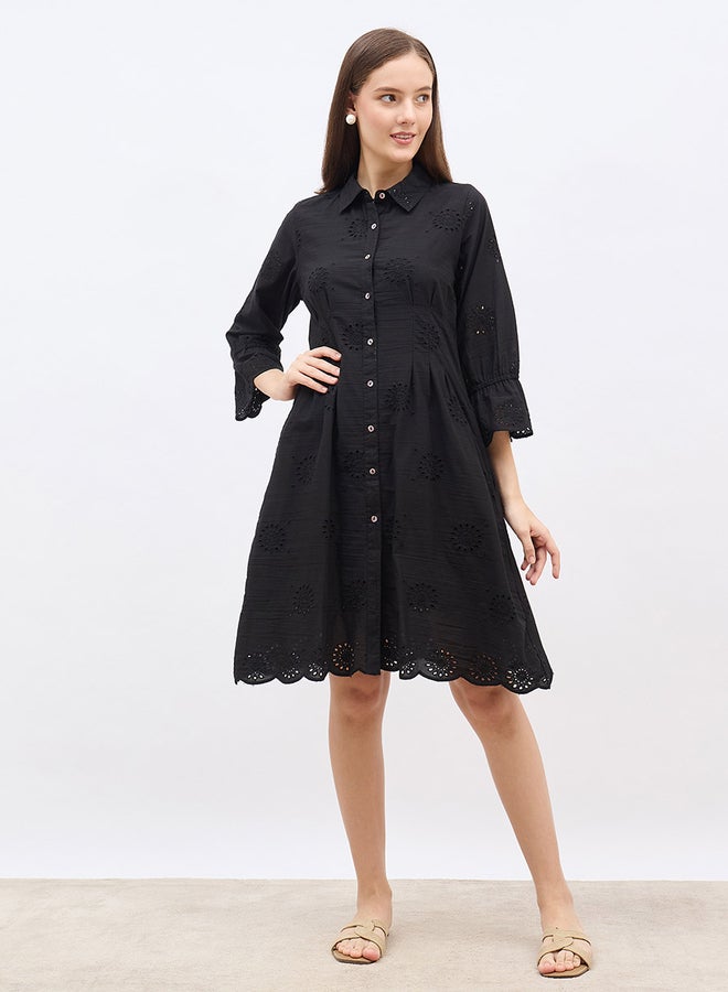 Styli Women Black Schiffli Bell Sleeves Shirt Knee-Length Dress - Image 2