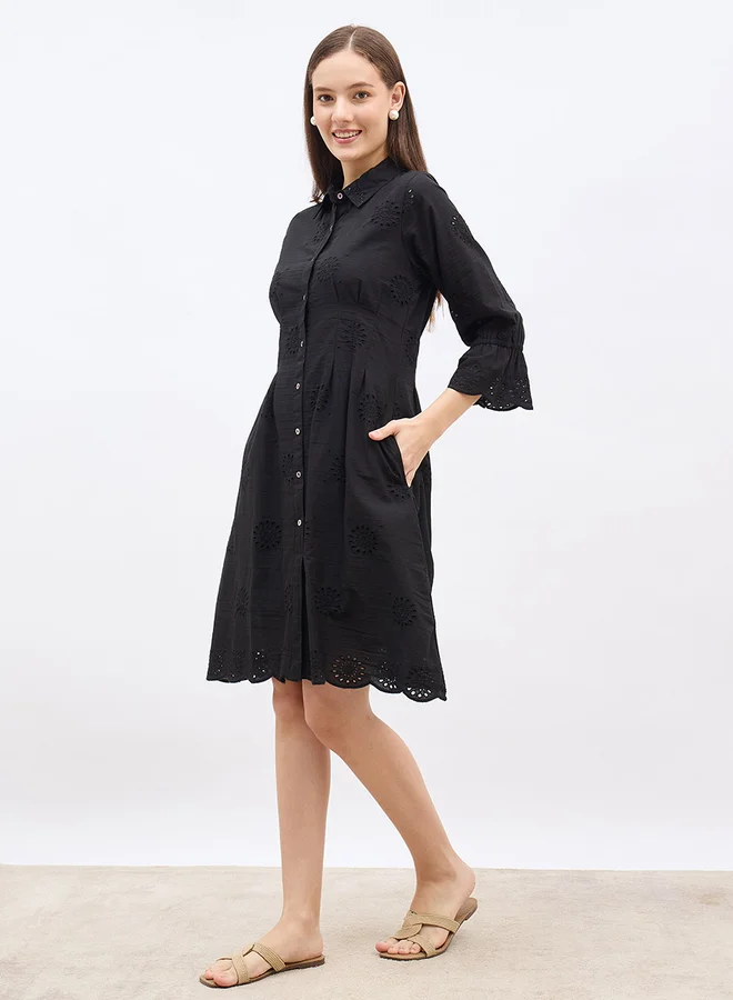 Styli Women Black Schiffli Bell Sleeves Shirt Knee-Length Dress