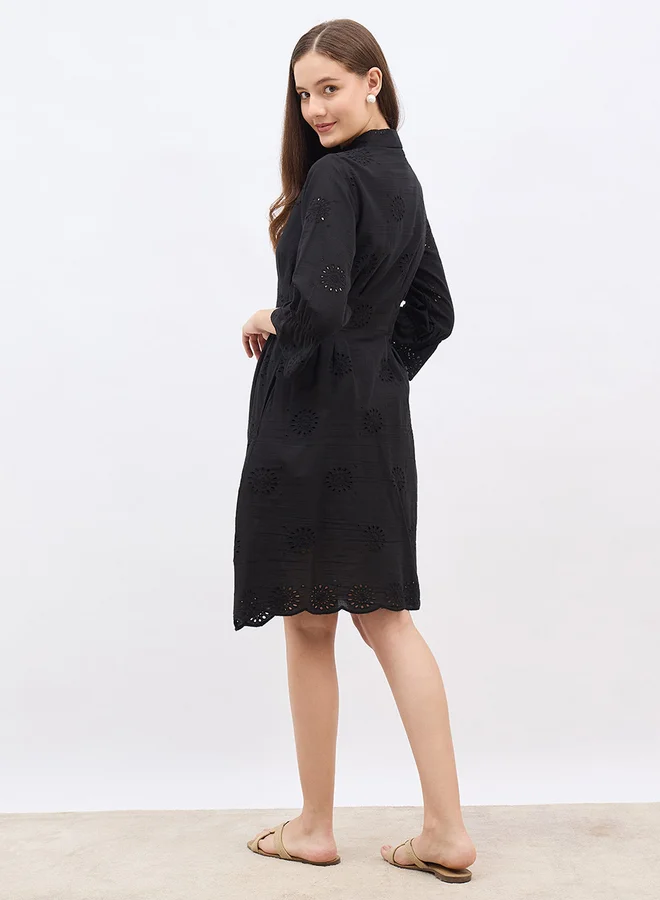 Styli Women Black Schiffli Bell Sleeves Shirt Knee-Length Dress