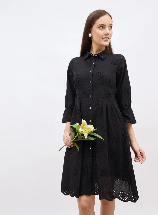 Styli Women Black Schiffli Bell Sleeves Shirt Knee-Length Dress