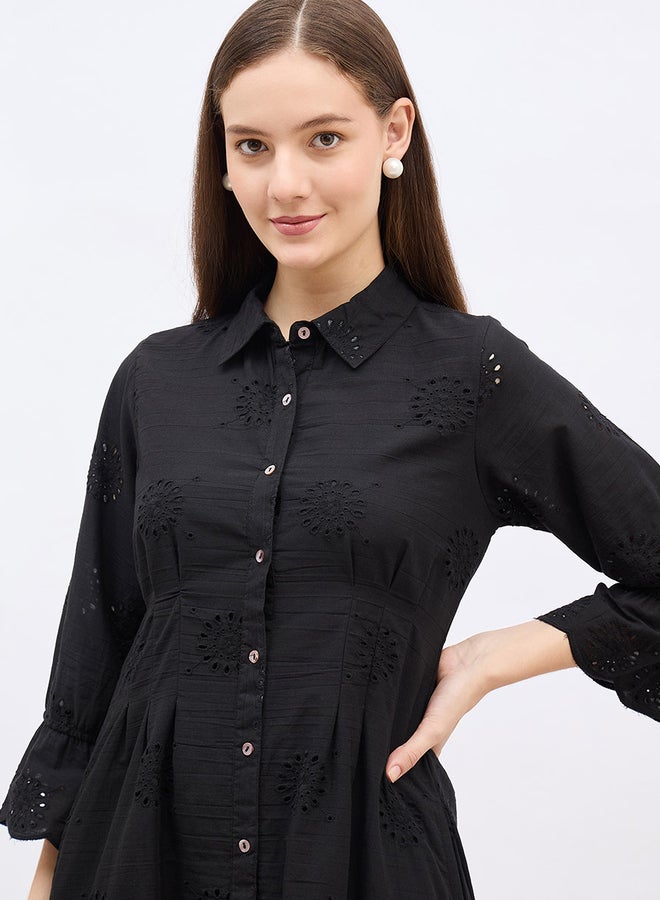 Styli Women Black Schiffli Bell Sleeves Shirt Knee-Length Dress - Image 4