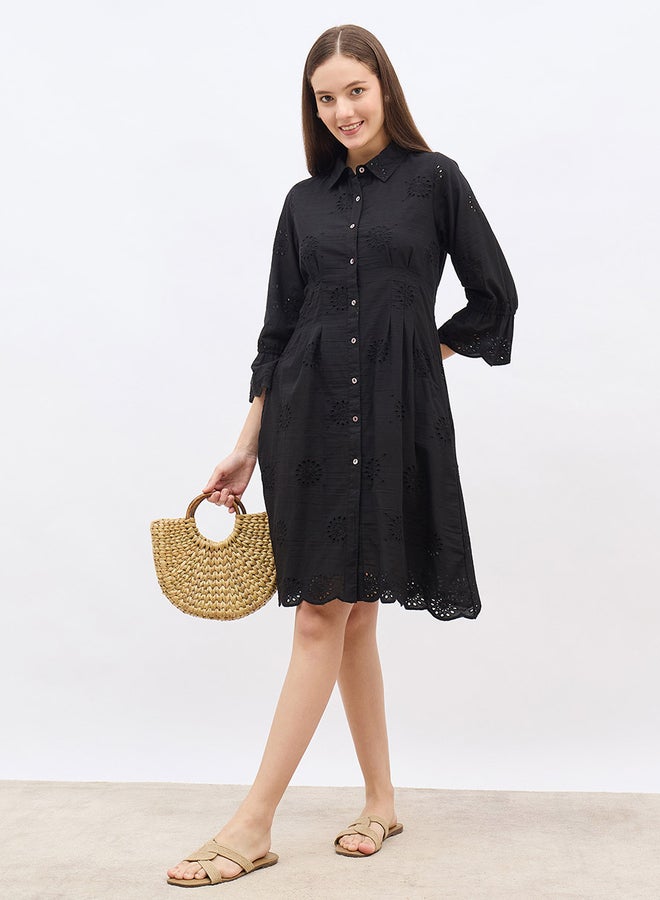 Styli Women Black Schiffli Bell Sleeves Shirt Knee-Length Dress - Image 1