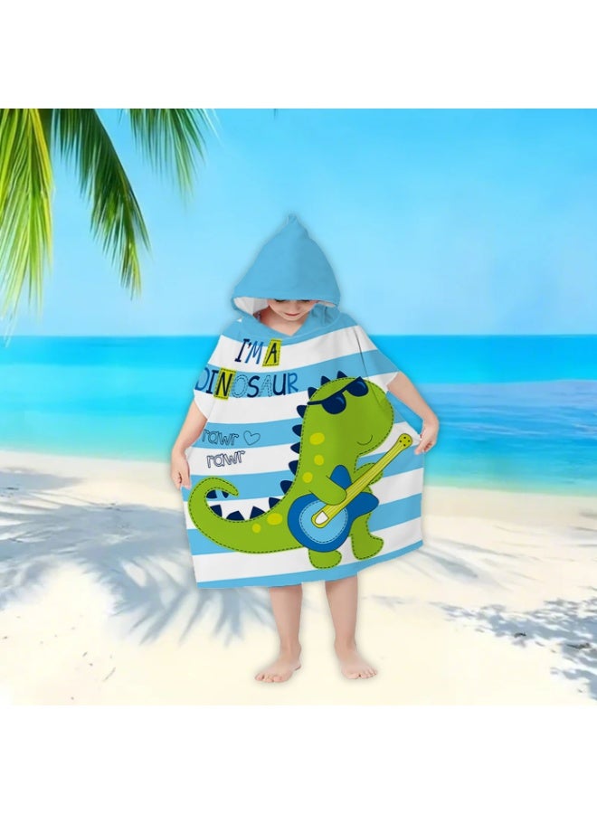 Kids Hooded Poncho Towel, Quick-Dry Beach Swim with Rock Dinosaur Print - Image 4